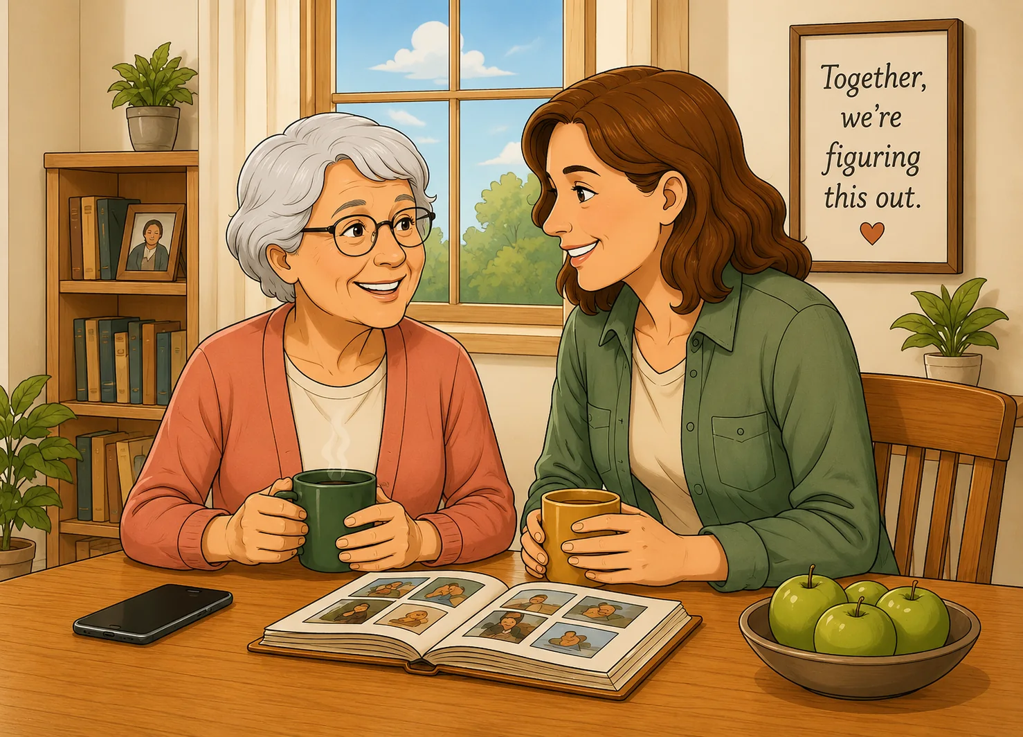 An older woman and her daughter at a kitchen table, with mugs and an open photo album.